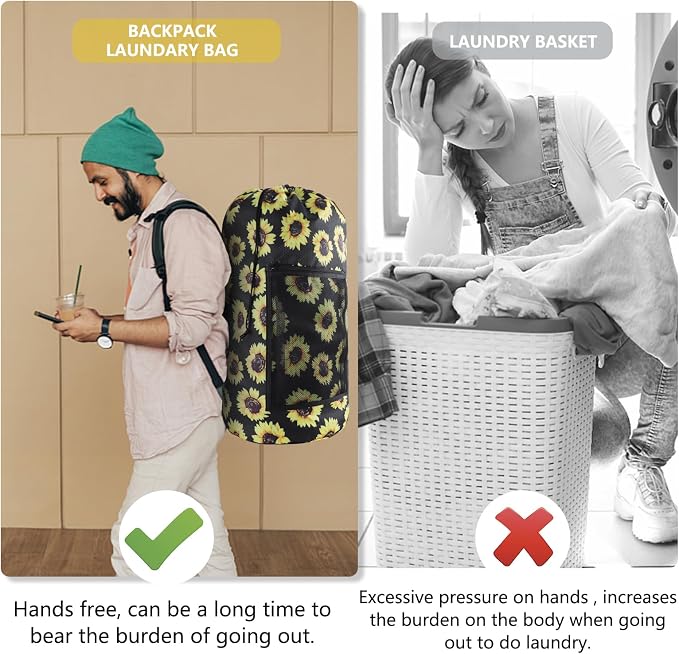 Olosar Laundry Bag Backpack, 2PCS Extra Large Travel Laundry Bag with Mesh Pocket & Adjustable Shoulder Straps,Dirty Clothes Travel Bag for College Students Dorm,Apartment(Sunflower)