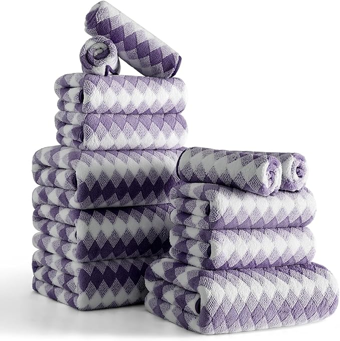 12 Pcs Purple White Diamond Towel Set-4 Bath Towels,4 Hand Towels,4 Washcloths Soft Polyester Bath Sheet with Loop Absorbent Shower Towel Quick Dry Beach Chair Towel Family Towels for Bathroom Spa Gym