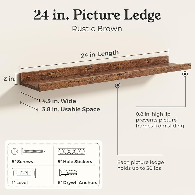 Brown Picture Ledge Shelves for Wall, 4.5" Deep Wood Floating Shelves with Lip for Bedroom, Living Room, 24" Width, Color Brown Set of 2