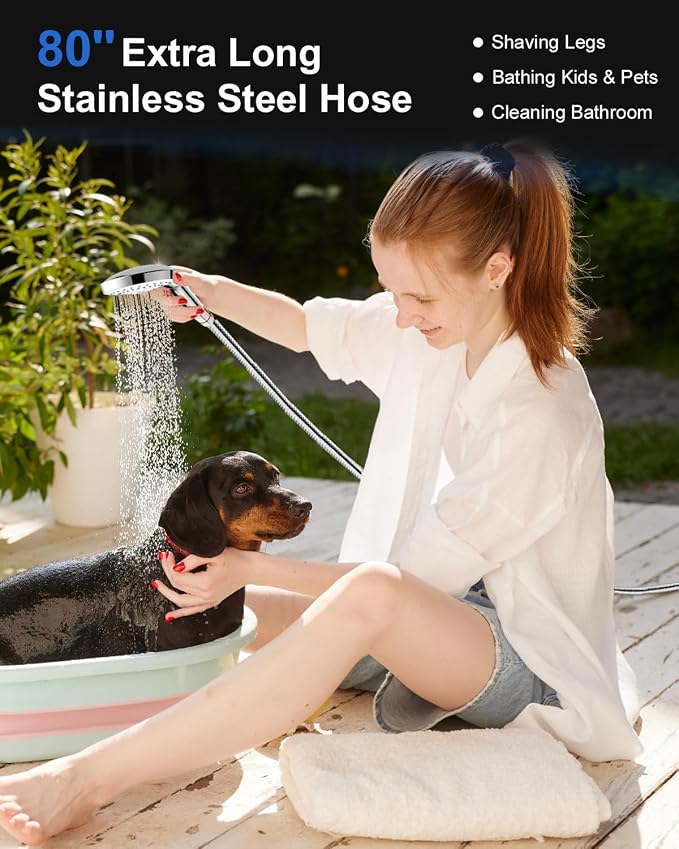 Shower Head with Handheld, High Pressure Showerhead with Long Hose | 80" Extra Long Stainless Steel Hose & Adjustable Bracket, Shower Heads with ON/OFF Switch for Pets Bath, Chrome