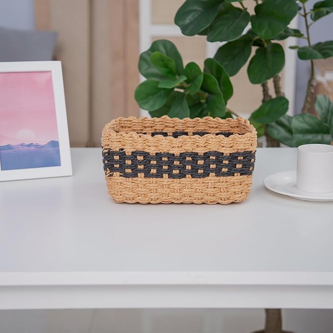 Small baskets for Organizing,Cute woven Storage basket with recycled paper rope for Shelves Bathroom,Little decorative basket,Set of 3 (Desert&Black)