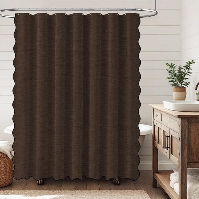 84x72 Boho Scalloped Linen Textured Cloth Shower Curtain Set, Brown | Wide Size, 230GSM Waterproof Polyester, Heavy Duty Fabric, 14 Plastic Hooks, Elegant Modern Farmhouse Style, Machine Washable