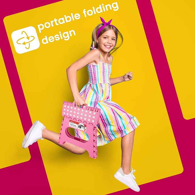 11" Folding Step Stool for Kids, Holds 300 lb Foldable Stools, Pink | Heavy Duty Collapsible Foot Stool, Lightweight with Built-in Handle, Non-Slip for Adults Kitchen Bathroom Bedroom Outdoor