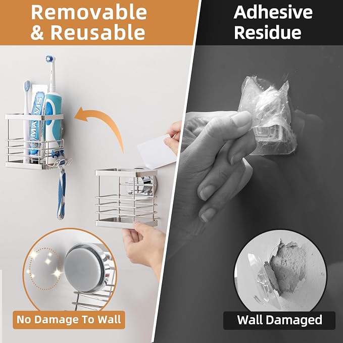 Powerful Suction Cup Stainless Steel Toothbrush Holders, Silver | Removable Shower Tooth brush and Toothpaste Holder, Strong Suction Up to 11lbs, Anti-Puddling ,No Drill Bathroom Organizer
