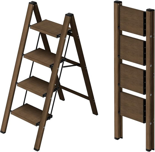 Taranta 4 Step Stool Foldable,Aluminum Step Ladder-Walnut | Lightweight,Wide Anti-Slip Pedals,Folding Step Stool,330lbs Capacity Stepladder for Household,Kitchen,Office