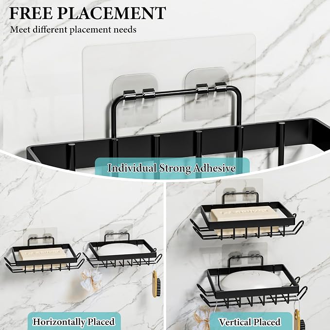 Vowupt Soap Bar Holder for Shower with 8 Hooks, Set of 2 Bar Soap Dish for Bathroom, Self Draining Shower Soaps Holder, Adhesive Soaps Saver Soap Tray Stand for Bathroom Accessories(Black)