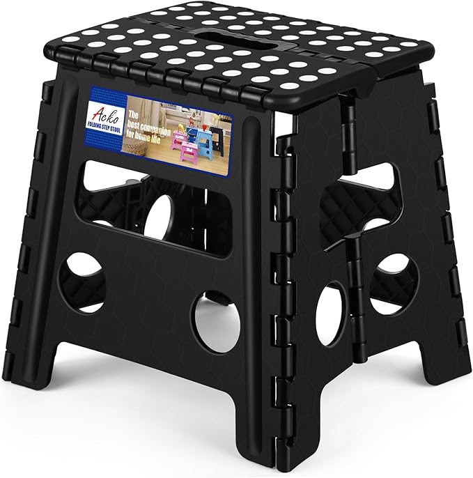 ACKO 13 Inch Folding Step Stool, Holds 300 lb for Adults and Kids, Black | Collapsible Heavy Duty Foldable Stools, Portable Non-Slip Foot Stepping stool, Kitchen Bathroom Bedroom Outdoor with Handle