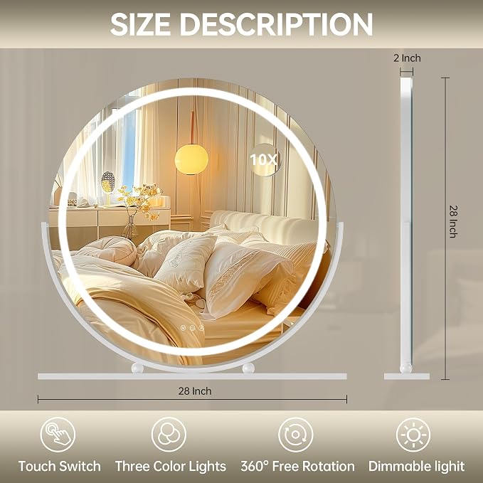 Hasipu Vanity Mirror with Lights, 27.6" LED Big Makeup Mirror, Lighted Makeup Mirror with Lights, Smart Touch Control 3 Colors Dimmable Round Mirror 360°Rotation White