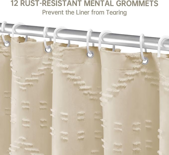 Siiluminisoy Boho Farmhouse Shower Curtain Woven Fabric Cream/Beige Shower Curtain, 72 x 72 Tufted Chevron Textured Striped Modern Minimalist Cloth Shower Curtains for Bathroom