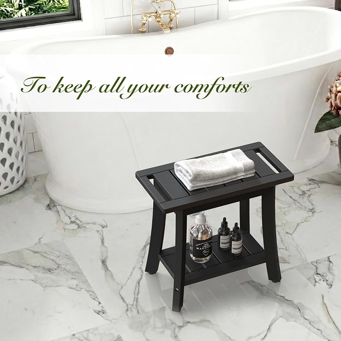 HIPS Shower Bench Inside Shower Stool with Storage Shelf, Waterproof Spa Bath Chair for Bathroom, Seat or Organizer for Living Room, Bedroom - Great for All Ages Unisex Elderly (Medium, Black)