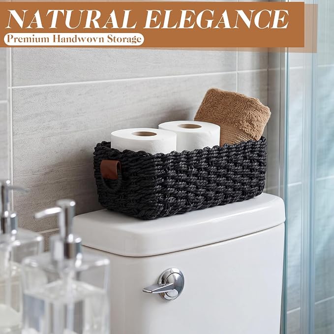 Black Set of 3 Paper Rope Storage Baskets, Large Medium Small Woven Nesting Storage Container with Handles for Closet, Pantry, Bathroom, Shelf Organization Rustic Farmhouse Decor