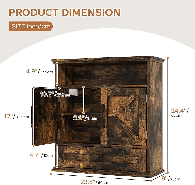 Bathroom Wall Cabinet, Wall Mounted Medicine Cabinet 24.4"H x 23.6"W x 9"D | With Drawer, Barn Doors & Adjustable Shelf, Rustic Brown Over Toilet Farmhouse Cabinet for Kitchen, Laundry Room, Entryway