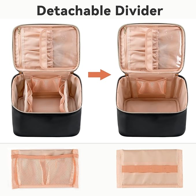 Travel Makeup Bag, Cosmetic Bags for Women Makeup Case Organizer Large Capacity Travel Toiletry Bag Storage Bags with Divider and Handle for Cosmetics Toiletries Brushes Tools-Large, Black