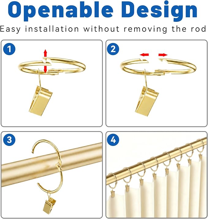 24 Pack 2 Inches Openable Curtain Rings with Clips | Drapery Metal Clip Iron Drapes Hangers Decorative for Windows Rods Rustproof, Gold
