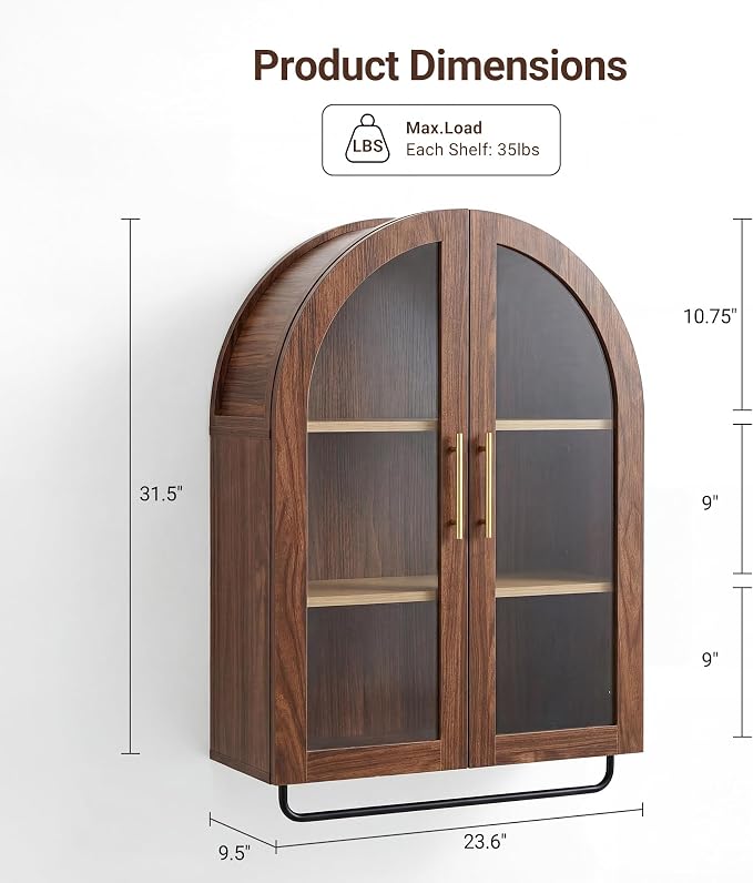 Seang Bathroom Arched Wall Cabinet,23.6" Modern Medicine Cabinet with Towel Bar and Adjustable Shelf,Over The Toilet Wall Storage Cabinet for Laundry Room,Living Room,Kitchen,Walnut