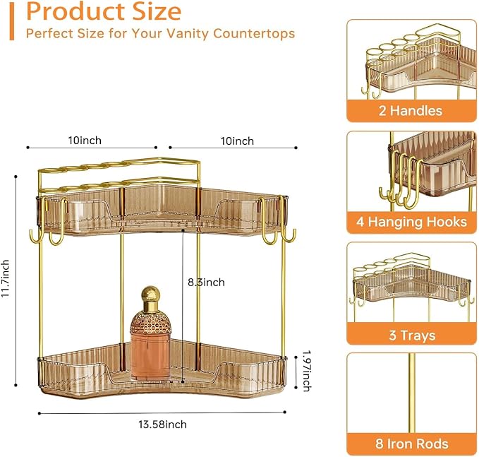 2-Tier Corner Bathroom Counter Organizer，Makeup & Skincare Shelf with Built-in Brush Holder，Space-Saving Bathroom Countertop Organizer for Skincare, Perfume, Cosmetics(Amber)
