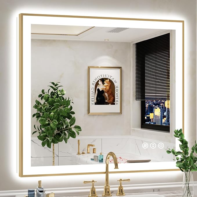 40x36 LED Bathroom Mirror with Lights, Gold Framed Lighted Mirror | Backlit and Front light, Anti-Fog, 3 Color Dimmable, Memory, Tempered Glass, IP54 Waterproof, UL Listed