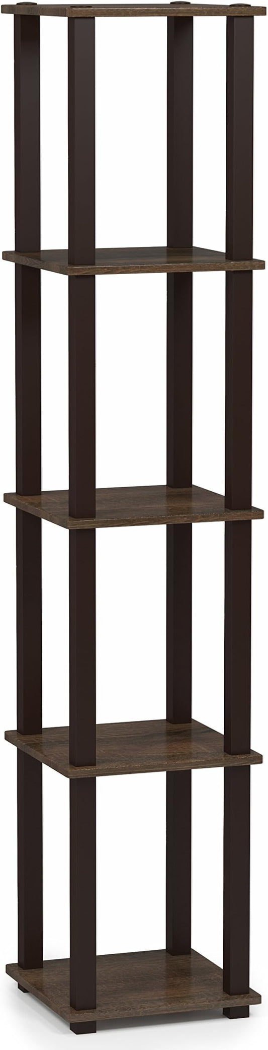 FURINNO Turn-S-Tube 5-Tier Corner Square Rack Display Shelf, Walnut/Brown | Open Frame, Corner Shelf, Free Standing Open Shelves, for Organization and Storage, Living Room, Garage, Home Office