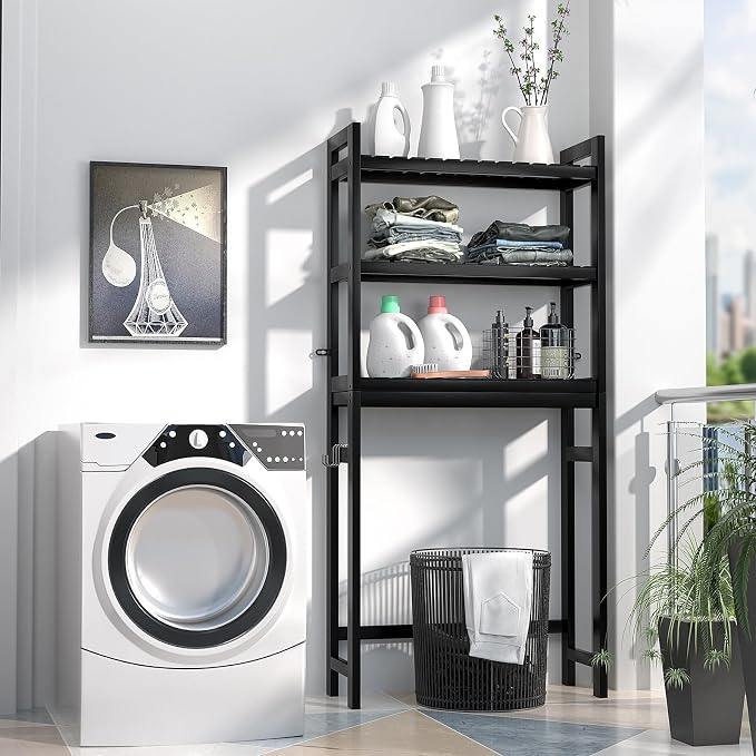 Bamboo Over The Toilet Storage Shelf, 3-Tier Above Toilet Storage Organizer Rack with 3 Hooks, Freestanding Bathroom Tower Shelf Unit for Small Space, No Rust, Easy to Assemble, Black