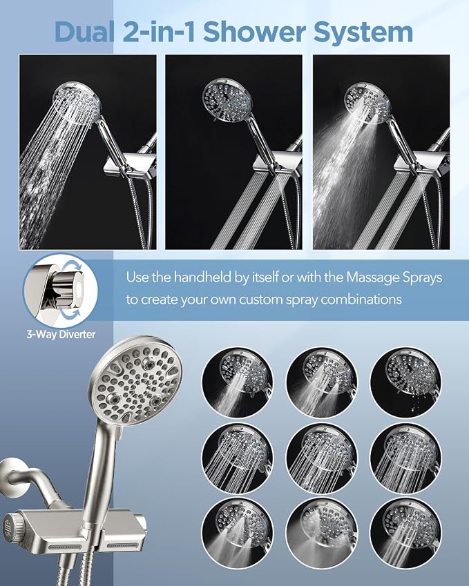 MakeFit Filtered Shower Head with Handheld Combo Brushed Nickel - Dual 2-in-1 Spa System with Massage Shower Head and 10 Modes Hand Held Showerhead, High Pressure, Buit in Power Wash Mode