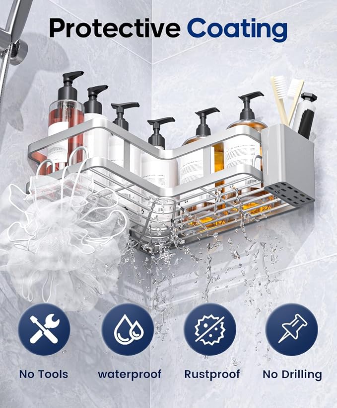 3 Pack Corner Shower Shelves, Rustproof Shower Organizer Caddy | No Drilling Shower Organizer Corner Exclusively for 90 Degree Right-Angle Walls with Hooks and Toothpaste Holder, Silver