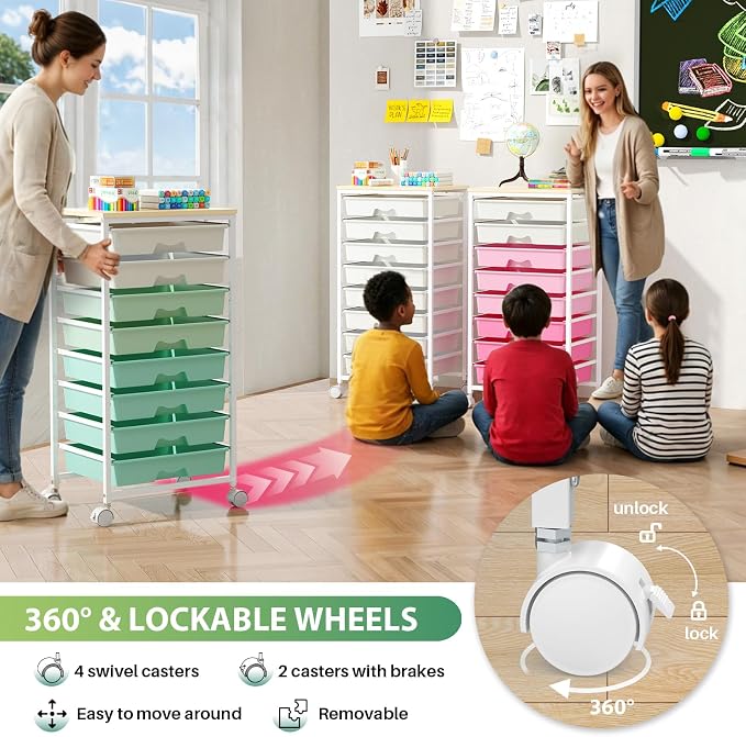 Goovilla Rolling Cart with 8 Drawers for Art, Dorm, Office, Craft, Green | Utility Cart Organizer With 8 Removable Drawers and Wooden Tabletop, Lockable Rolling Storage Organizer for Classroom, Home