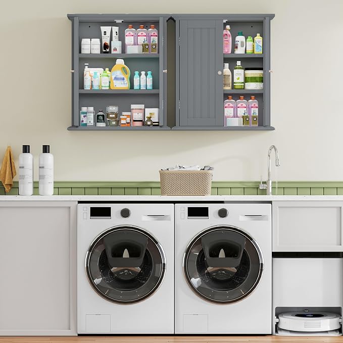 ChooChoo Bathroom Wall Cabinet with 2 Doors, Over The Toilet | 8.8"D x 21.1"W x 24"H, Medicine Cabinet, Adjustable Shelves, Cupboard, Grey