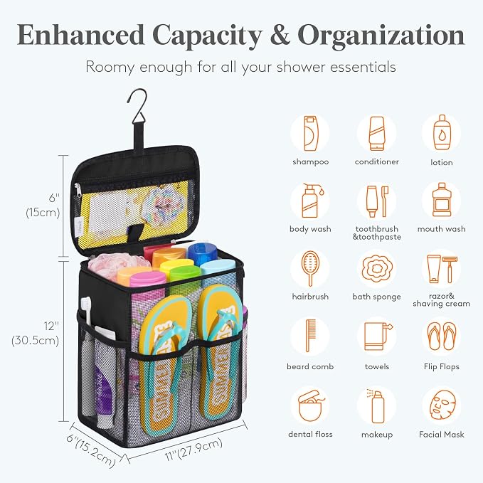 Lifewit Mesh Shower Caddy, Hanging Bathroom Organizer with Slipper pockets | Hanging Hook, Quick Dry, Portable, Toiletry Tote Bag, College Dorm Room Essentials for Beach, Gym, Camping, Travel, Black