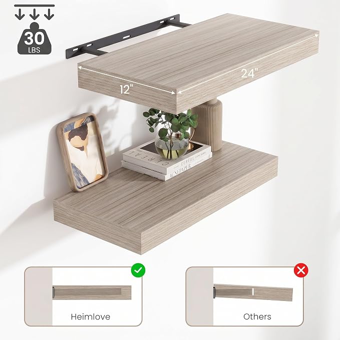 12 Inch Deep Floating Shelves for Wall, 24 Inch Wide Wall Shelves Set of 2, 2 Inch Thick Heavy Duty Invisible Wall Mounted Shelves for Kitchen Living Room,Grey