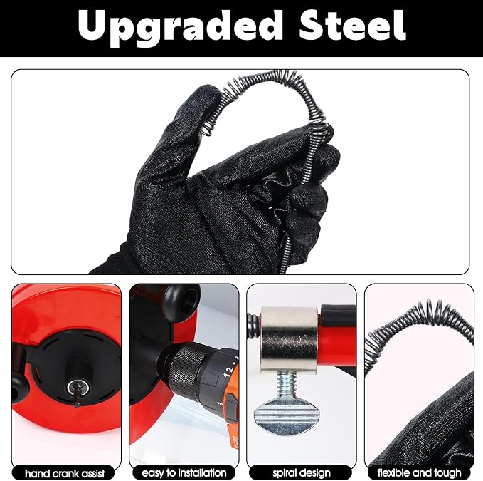 50 Ft Drain Auger,Use Manually or Drill Powered 50 Feet Drain Snake,Heavy Duty Flexible Plumbing Snake,With Gloves and Storage Bag for Kitchen Sink, Shower Drain (50FT, Red)
