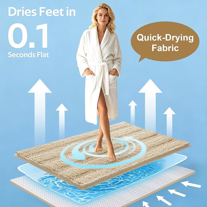Striped Beige Toilet Bathroom Rug Mat Set 2 piece Rug Ultra Soft, Non Slip Chenille Bath Rugs, Absorbent Plush Shaggy Bath Mats for Bathroom, Bedroom, Kitchen, Shower, Tub