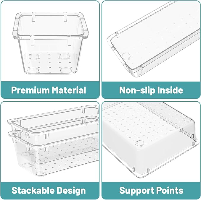 WOWBOX 16 PCS Clear Plastic Drawer Organizer Set, 4 Sizes Desk Drawer Organization and Storage Containers for Makeup, Cosmetics, Jewelry and Gadgets in Kitchen, Bathroom, Bedroom, Office, Clear