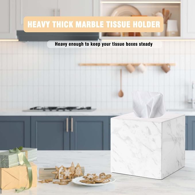 Natural Marble Tissue Box Holder Cover, Square Cube Tissue Box Holder with Open Bottom for Bathroom Vanity Tops, Bedroom Dressers, Kitchen Countertop, White Tissue Box(NS021)
