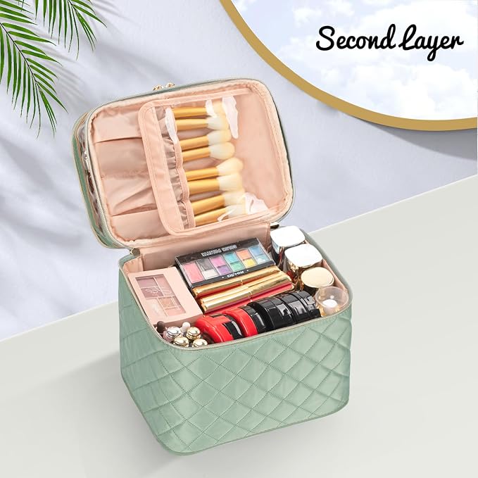 Large Makeup Bag, Double Layer Makeup Bag, Vertical Storage Cosmetic Case for Women/Girls with Multiple Compartments-Green