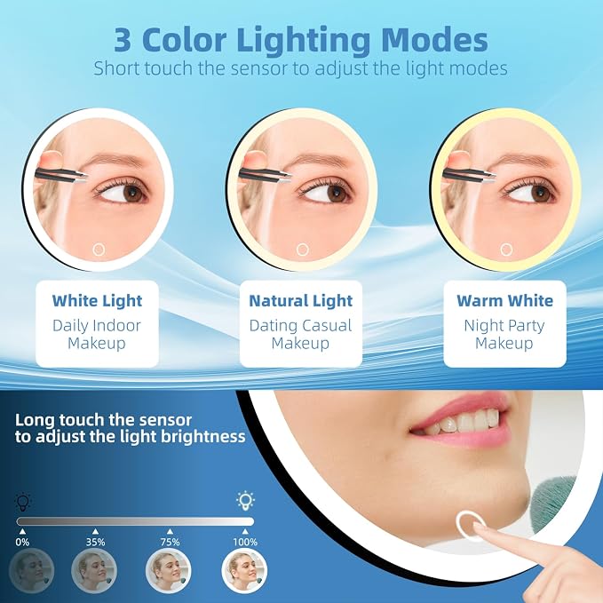 20X Magnifying Mirror with Lights, 20X Magnified Mirror with 3 Suction Cups | 6inch Travel Size, Rechargeable Magnification Mirror with 3 Color Lights Adjustable Brightness - Includes Tweezers & Scissors