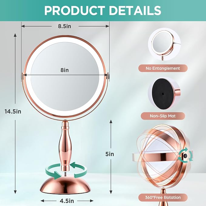30X Makeup Mirror with Lights and Magnification-Rose Gold 8" Double Sided | Magnifying Mirror, 5000mAh Rechargeable, 360° Rotation, (Side Touch+Side Port), 3 Color Modes, Dimmable Light, for Vanity