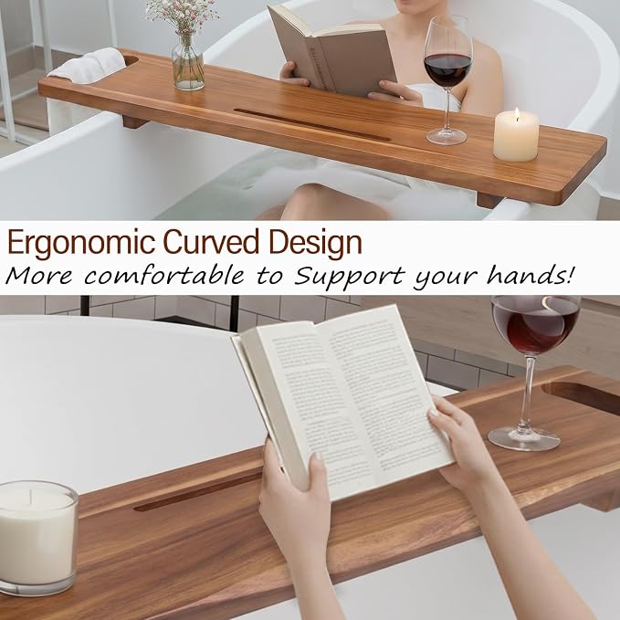 Adjustable Acacia Wood Bathtub Tray Caddy, 39" L with Handles | Adjustable, for Freestanding Tub, Luxury Spa Bathroom Tray Organizer, Bath Tub Accessories for Women, Housewarming Gifts
