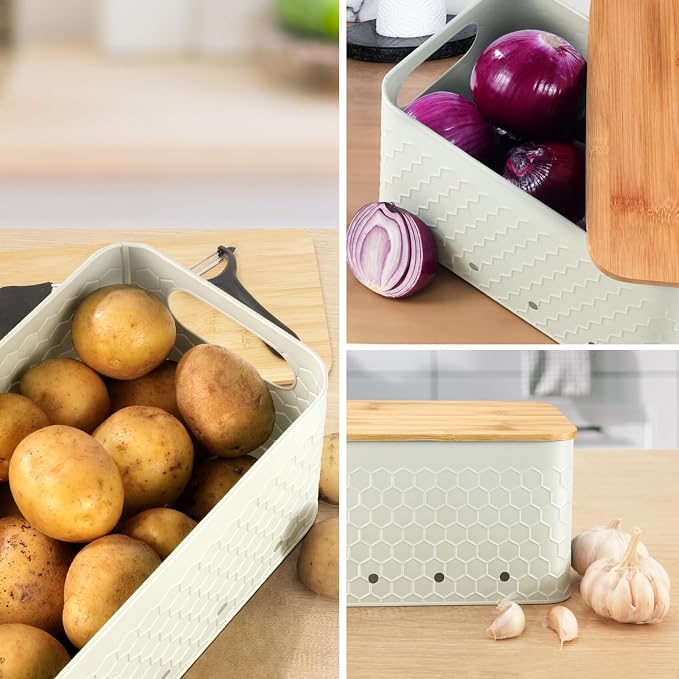 Kitchen Vegetable Storage Set of 3, Metal Onion Garlic Potato Storage Set, Kitchen Canisters Vegetable Keeper Containers with Aerating Holes and Bamboo Lid,Embossed Beige
