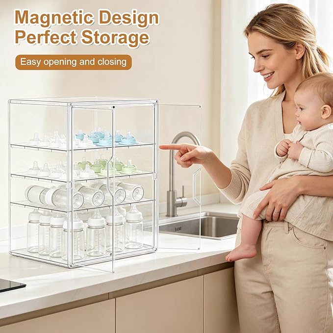 ERTIUANIO Baby Bottle Organizer – 4 Tier Bottle Storage Organizer Baby with Double Magnetic Doors for Nipples, Pump Parts, Food Jars – Clear Nursery Cabinet for Countertop Kitchen