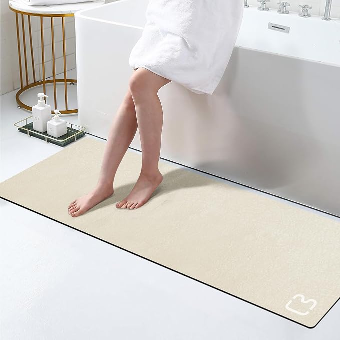 RUERYA Beige Long Bathroom Rugs Large Stone Bath Mats for Bathroom,16"x47" | Non Slip Rubber Backed Quick Dry Super Absorbent Diatomaceous Earth Bath Mat Extra Long Thin Diatomite Bathroom Mat Runner