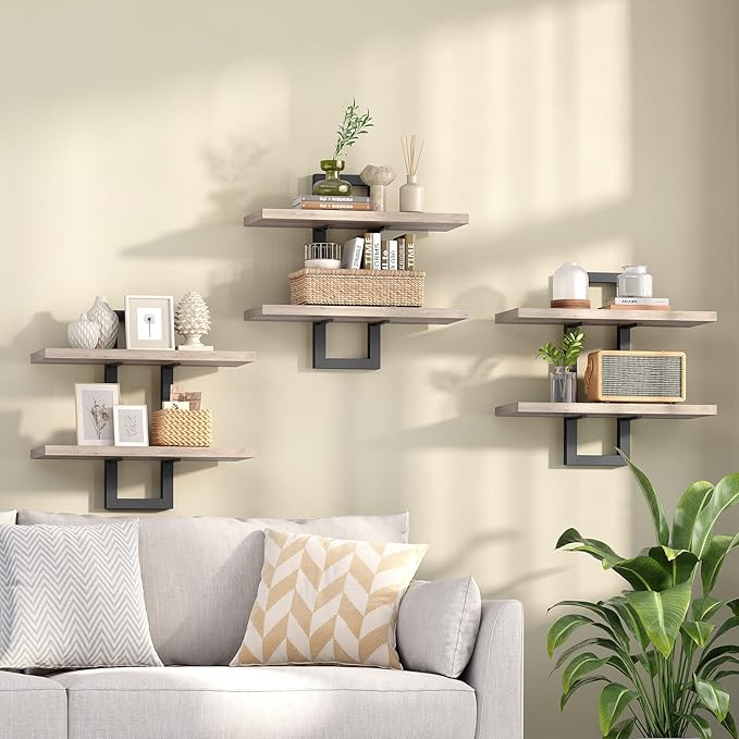 HOOBRO Floating Shelves, 15 Inch Wall Shelf Set of 3, Wall Mounted Storage Shelves 2-Tier, Hanging Bathroom Shelves, for Living Room, Bedroom, Bathroom, Kitchen, Greige and Black BG32BJP301