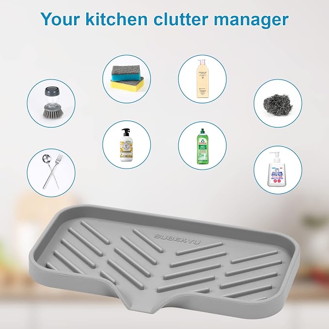 Silicone Kitchen Soap Tray, Sink Tray,Grey, [Size: 9.5 x 5 inch] | Sponge Holder for Kitchen Counter Soap Bottles and Organizer with Drain Spout