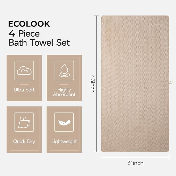ecolook Microfiber Bath Towels Set of 2, 31 x 63 Inch Extra Large Bath Towel Set, Super Soft & Highly Absorbent, Quick Dry Lightweight Towels for Bathroom, Gym, Spa, Pool & Travel, Camel