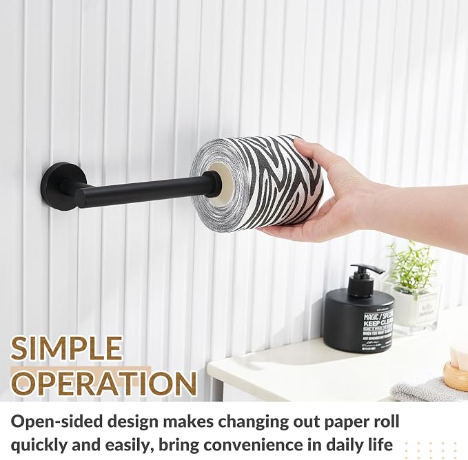 Toilet Paper Holder, 304 Stainless Steel, Matte Black | Right-Facing Open Arm, Quick Roll Replacement, Raised End Stop, Fits Regular, Large & Mega Rolls, Bathroom & Powder Room Use
