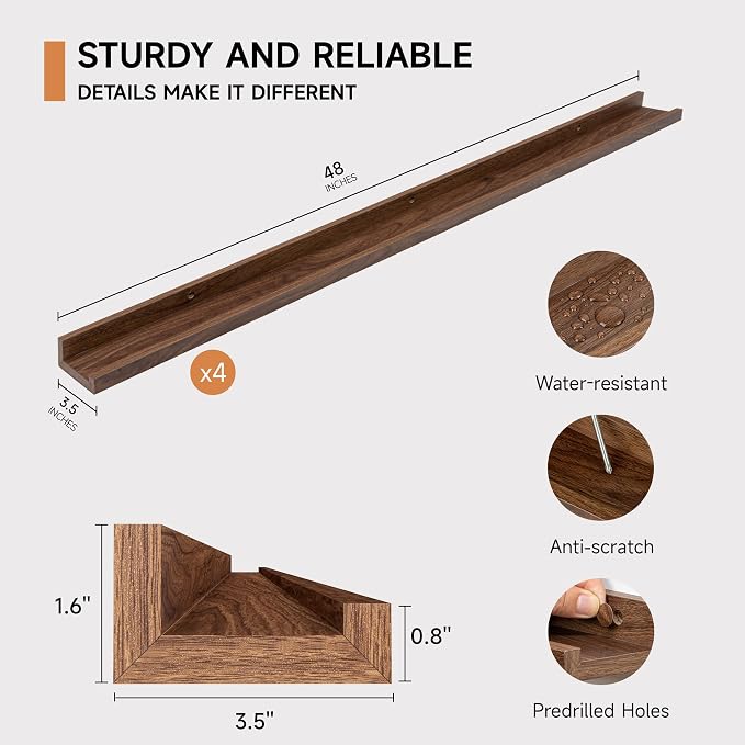 Fun Memories Picture Ledge Shelf for Wall, Floating Shelves Set of 4, 48 Inch Long Nursery Book Shelves for Toys Storage, Kids Bookshelf Wall Mounted for Books Photo Frames, Walnut