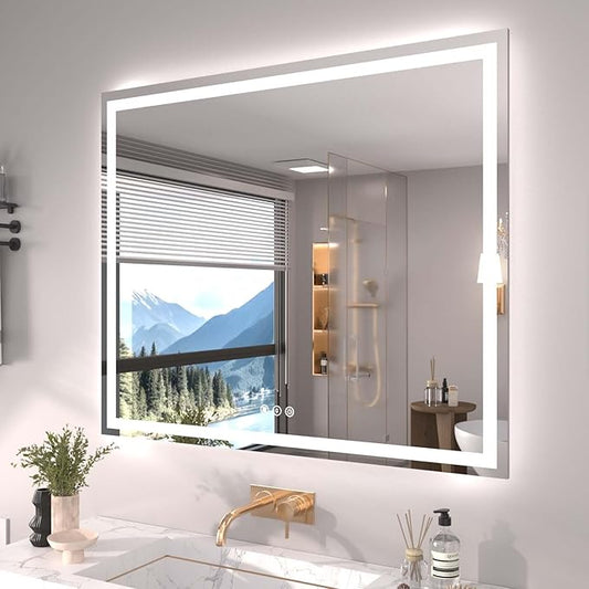 Snowdool 48 x 40 in LED Bathroom Mirror, Front and Backlit, Anti-Fog | Front and Backlit, 3 Color Temperatures, Anti-Fog, Tempered Glass