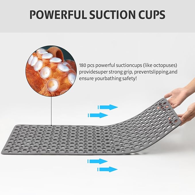 Shower Mat Non Slip Bath Mat for Tub - 35" x 16" Soft TPE Bathtub Mat Non Slip Shower Mats for Inside Shower, Anti Slip Shower Mat with Suction Cups, Quick-Drying Bath Tub Mat, Grey