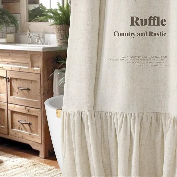 Farmhouse Shower Curtain Ruffle Linen Cream 72" W x 72" L | Linen Fabric, Farmhouse Boho, Bottom Ruffle, Rustic, Country, Natural Look, Washable, Shower Curtain for Bathroom Bathtub