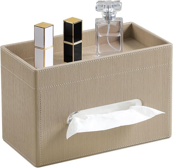 Plus Size Tissue Box Cover, Rectangle Tissue Box Organizer, Wood | Fit 180/230 Count Tissue Boxes, Storage Tray, PU Leather Large Tissue Box Cover, Rectangular Tissue Box Holder for Bathroom