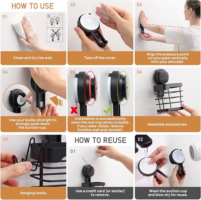 Upgraded Suction Cup Toothbrush Holder with Visible Safety Indicator, Black | Heavy Duty Stainless Steel Shower Electric Tooth Brush and Toothpaste Organizers, Removable, No Drilling, Anti-Puddling